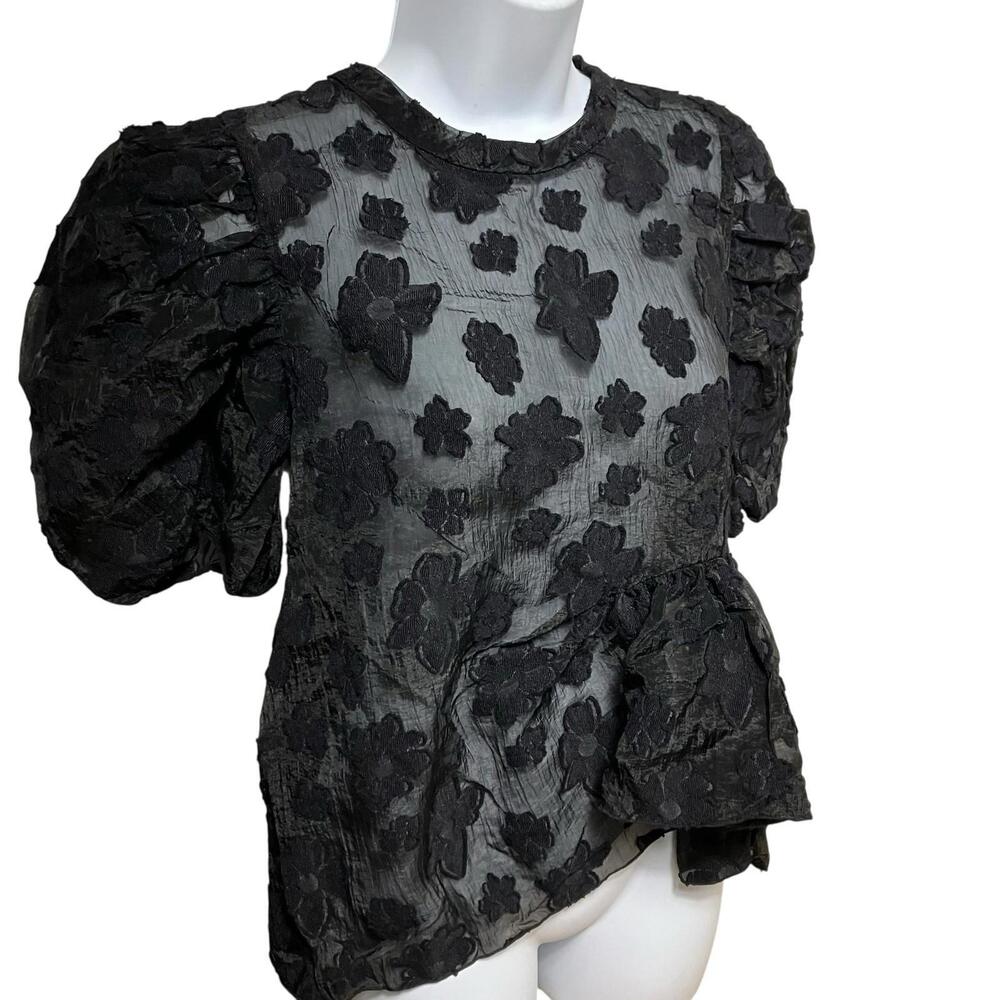 Zara Blouse XS‎ Black Floral Sheer Organza Voluminous Puff Sleeve Whimsigoth